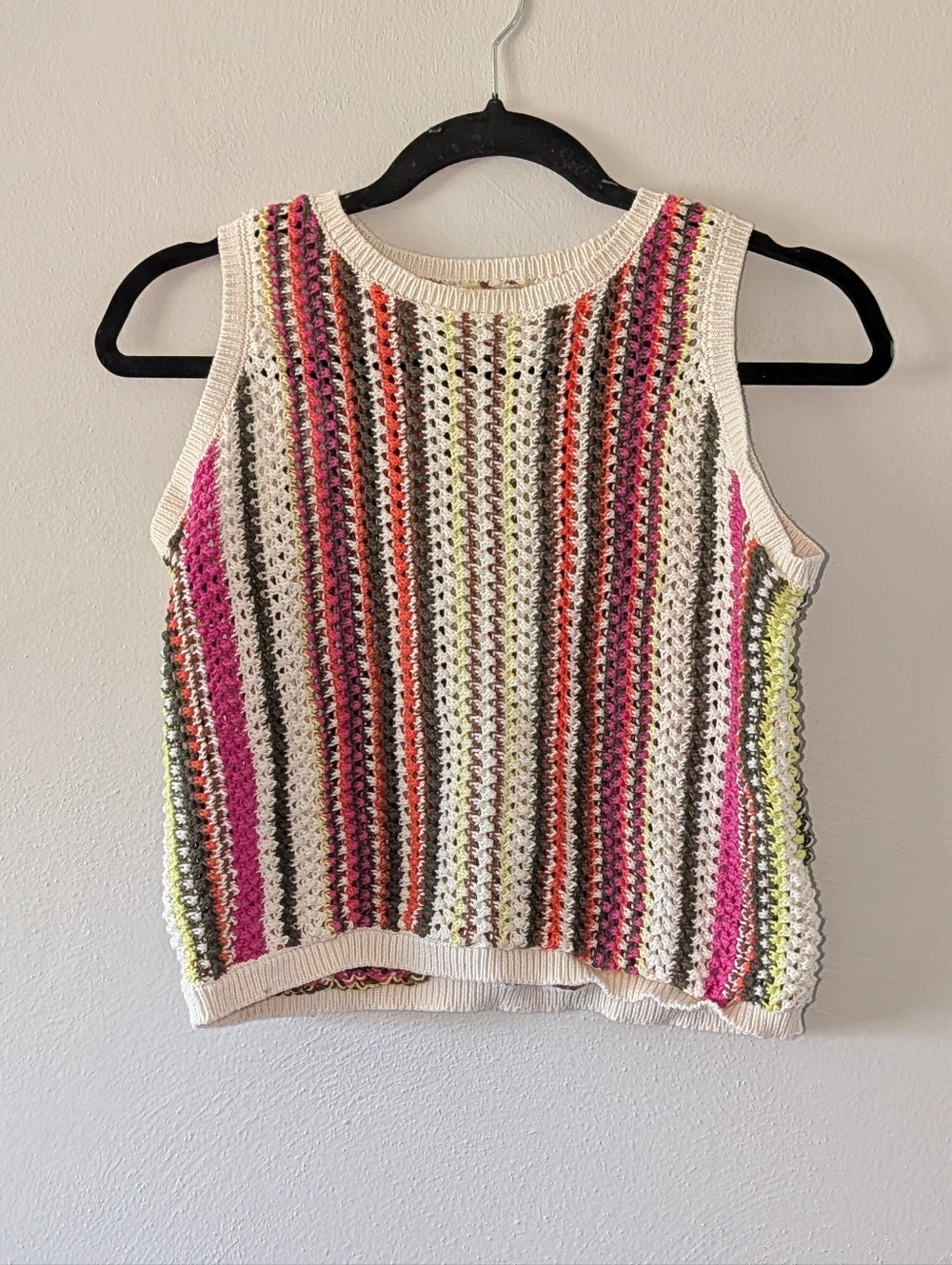 XS Old Navy Striped Crochet Knit Tank Top - White with Pink & Neon Accents